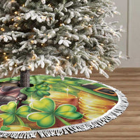 Round green tree skirt with fringed trim, leprechaun mouse, clovers and gold coins