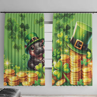 Green St. Patrick's day window curtain panels with cartoon pig, shamrocks, and gold coins