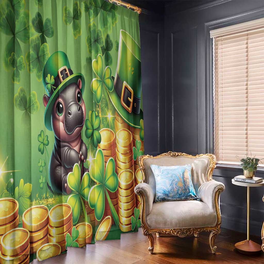 Green curtain panels with cartoon pig, shamrocks, and gold coin stacks in a two-panel view