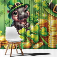 Green curtain close-up with cartoon pig, leprechaun hat, shamrocks, and gold coin details