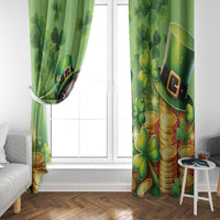 Green curtain panels featuring cartoon pig and leprechaun hat, with shamrocks and gold coins