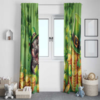 Green window curtain panels with cartoon pig in leprechaun hat, shamrocks, and gold coins