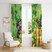 Green window curtain panels with cartoon pig, leprechaun hat, shamrocks, and gold coin design