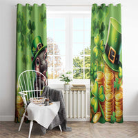 Green window curtain panels with cartoon pig and shamrocks over stacked gold coins