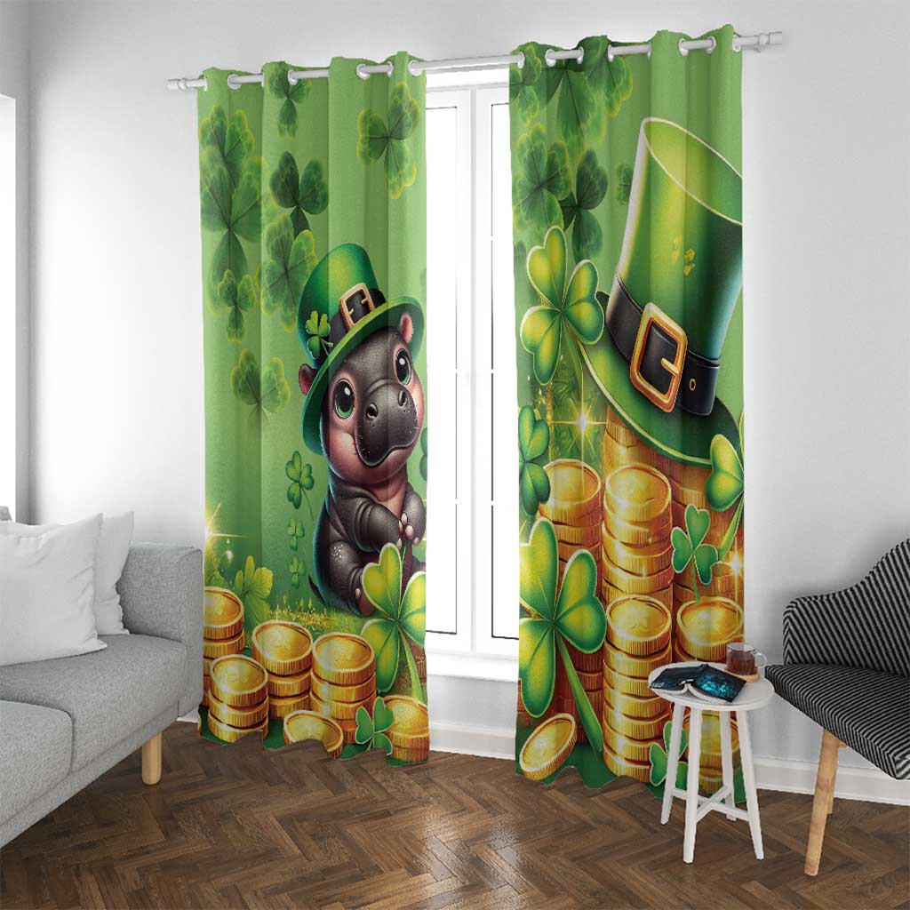 Green St. Patrick's day curtain panels with cartoon pig, shamrocks, and gold coin stacks