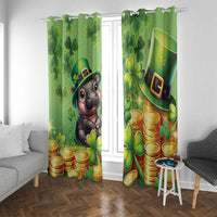 Green St. Patrick's day curtain panels with cartoon pig, shamrocks, and gold coin stacks