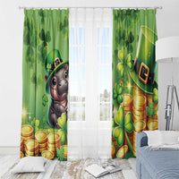 Green window curtain panels with cartoon pig in leprechaun hat, shamrocks, and gold coins
