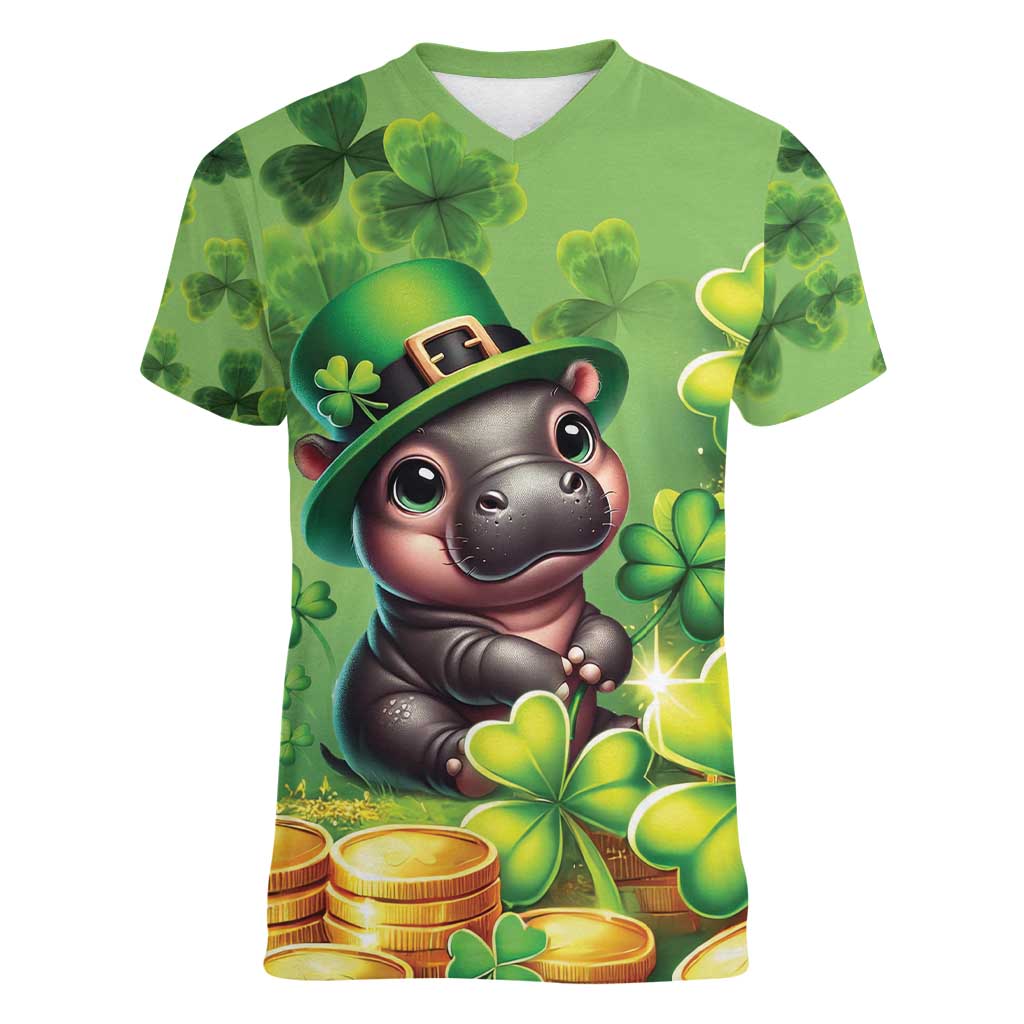 Leprechaun Moo Deng St Patricks Day Women V-Neck T-Shirt - Wonder Print Shop