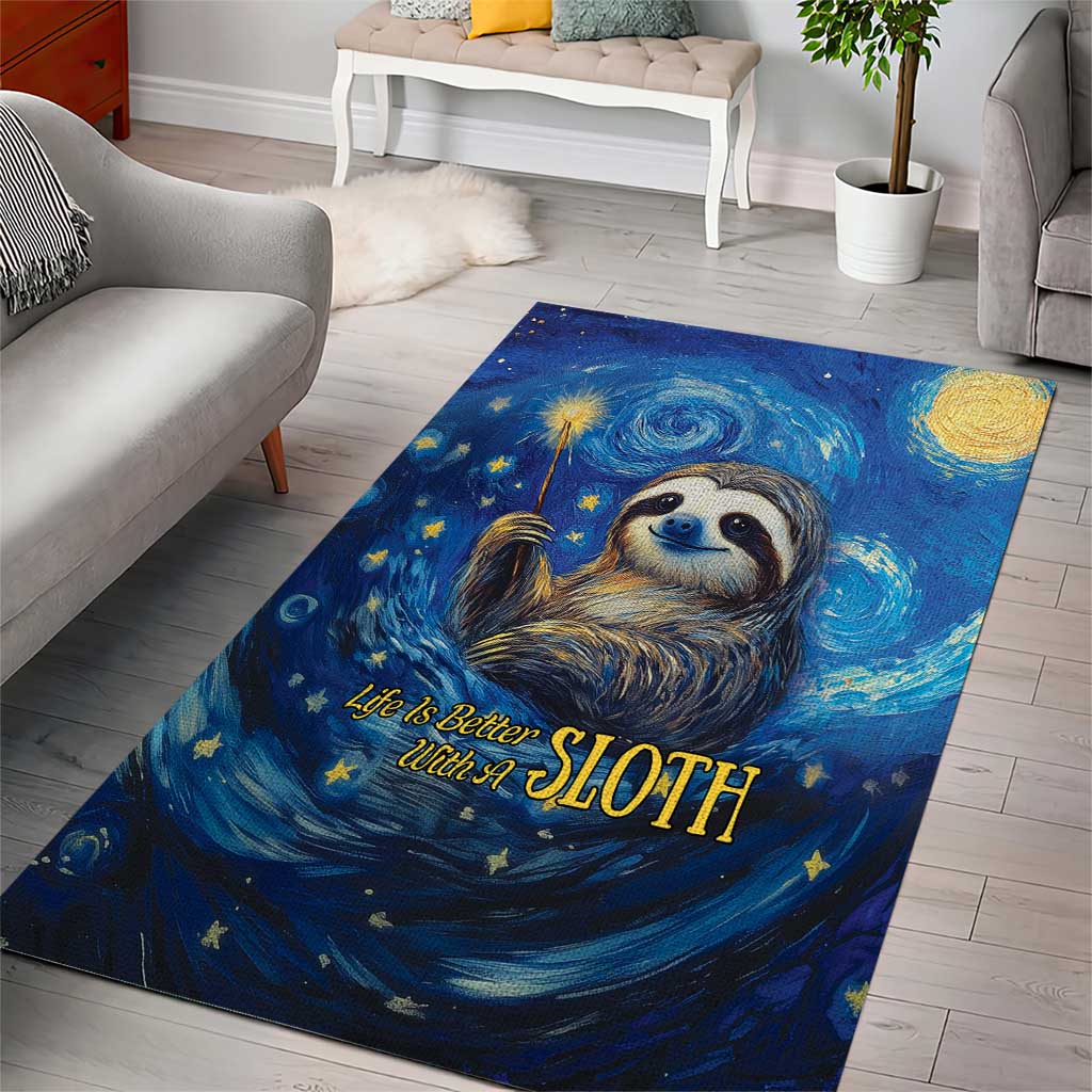 Blue starry night sloth area rug with sloth portrait, spiral galaxy, gold “Life is Better with a SLOTH”