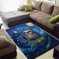 Blue starry sloth area rug on floor, sloth face in spiral swirl with gold “Life is Better with a SLOTH”