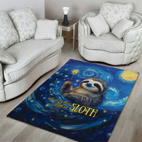 Blue starry night sloth area rug with sloth portrait and gold “Life is Better with a SLOTH” lettering