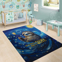 Blue starry sloth area rug with sloth face in swirl and gold “Life is Better with a SLOTH” text
