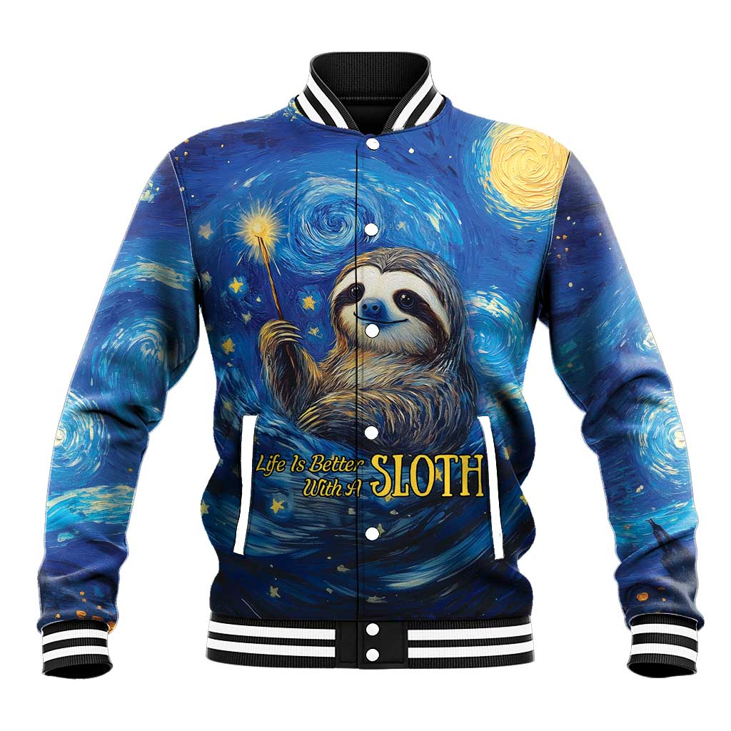 Blue starry baseball jacket with sloth graphic, snap buttons, striped ribbed cuffs