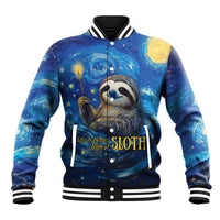 Blue starry baseball jacket with sloth graphic, snap buttons, striped ribbed cuffs
