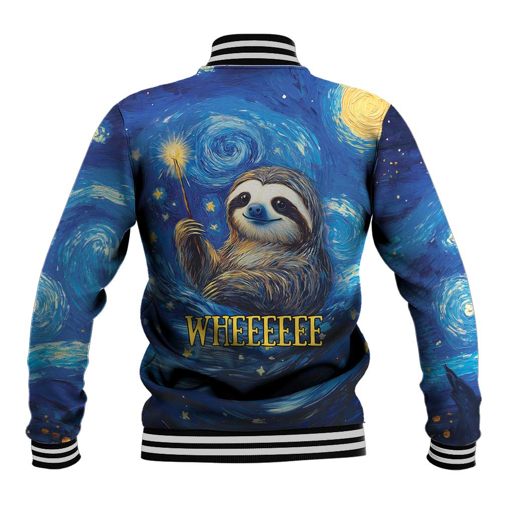 Blue starry baseball jacket, sloth graphic on back with 'WHEEEEE' text, striped ribbed trim