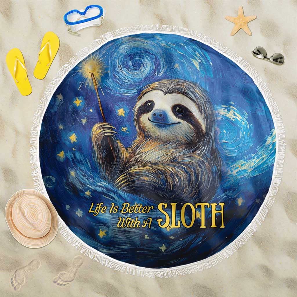 Round beach blanket with blue starry sloth illustration and white fringed edge