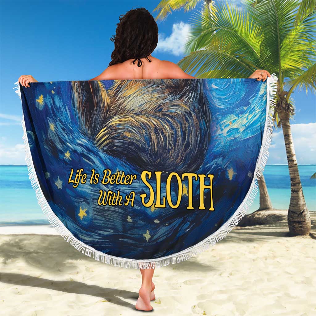 Round beach blanket with blue sloth starry sky design and white edge fringe