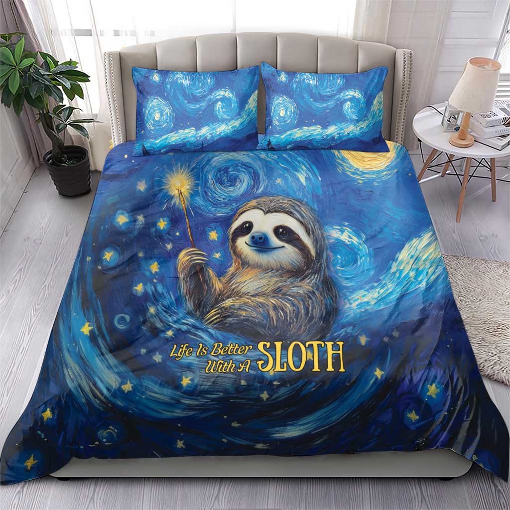 Blue galaxy sloth duvet and pillow set with starry night sky print and sloth face artwork