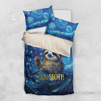 Blue galaxy sloth bedding set with starry night sky print, sloth face, and two pillowcases