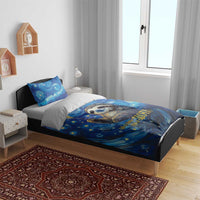 Blue galaxy sloth duvet and two pillowcases with starry night sky print and sloth face