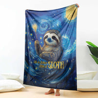 Galaxy starry night sloth throw blanket held upright, featuring sloth face and stars