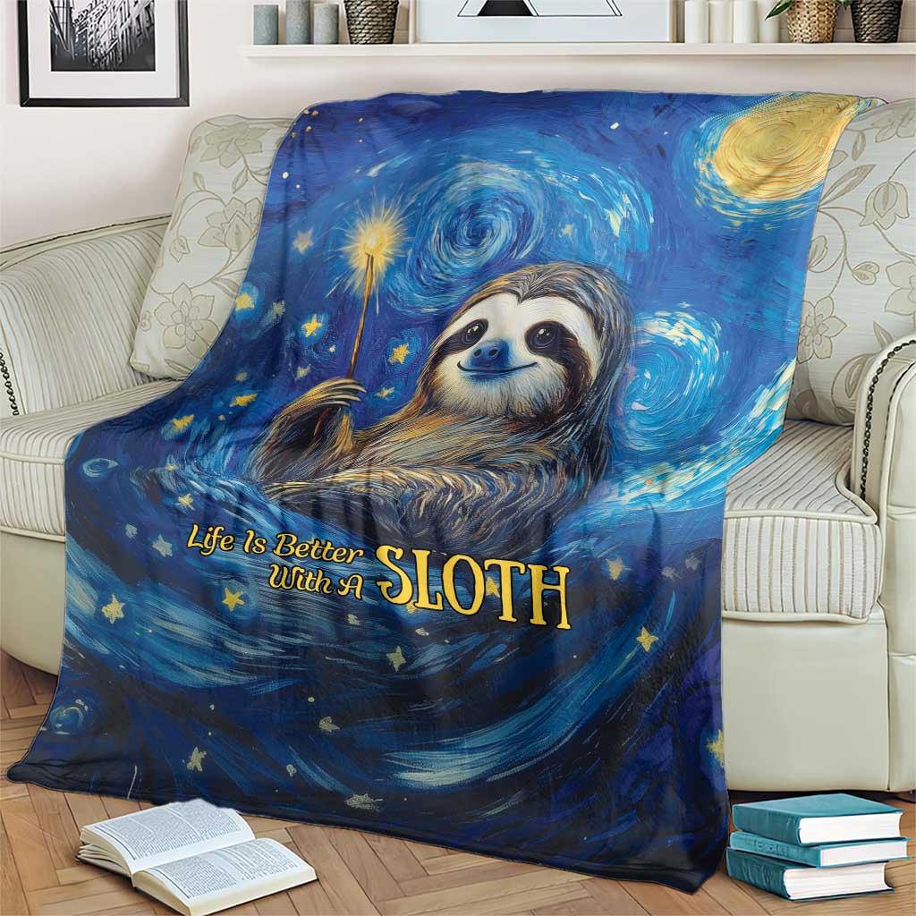 Galaxy starry night sloth throw blanket draped over sofa with matching graphic design