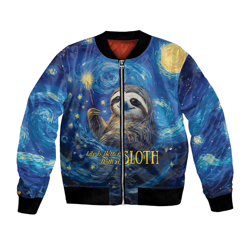 Unisex galaxy bomber jacket with sloth face graphic, front zipper, starry night print