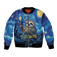 Unisex galaxy bomber jacket with sloth face graphic, front zipper, starry night print