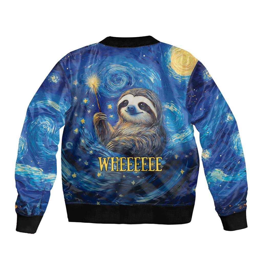 Unisex galaxy bomber jacket, sloth artwork on back with stars and gold planet print