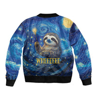 Unisex galaxy bomber jacket, sloth artwork on back with stars and gold planet print