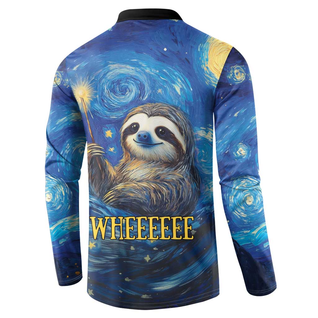 Galaxy sloth button sweatshirt, back print with 'WHEEEE' and starry swirls