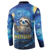 Galaxy sloth button sweatshirt, back print with 'WHEEEE' and starry swirls
