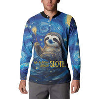 Galaxy sloth button sweatshirt worn by model, front sloth face in starry sky