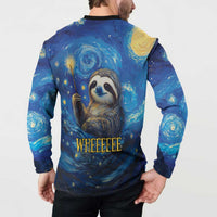 Galaxy sloth button sweatshirt, back sloth portrait with 'WHEEEE' text