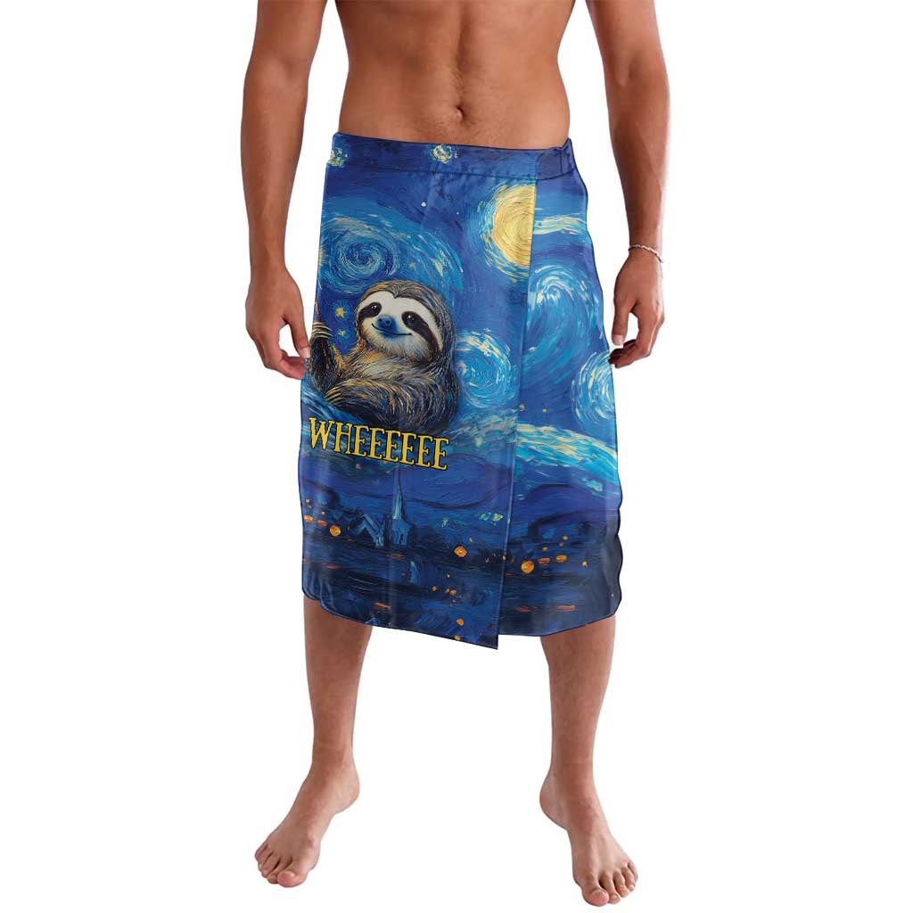 Blue lavalava skirt with sloth face, swirl and star-speckled print