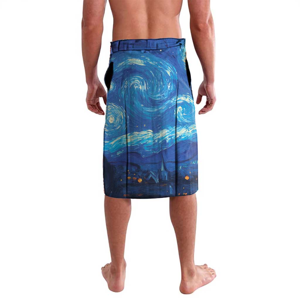 Blue lavalava sarong with wave and star-speckled print, back view