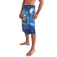 Blue lavalava skirt with sloth graphic and moonlit swirl print, side view