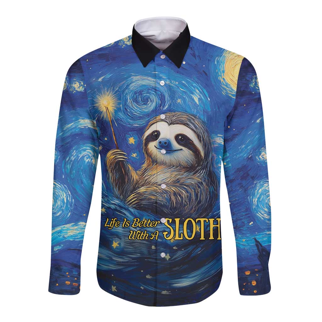 Blue long sleeve button shirt with sloth galaxy print and front text