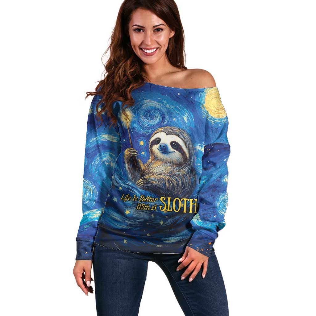 Sloth Life Is The Best Life Off Shoulder Sweater with Starry Night Sky - Wonder Print Shop