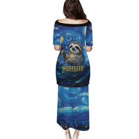 Galaxy long dress, short sleeves, sloth face graphic on back