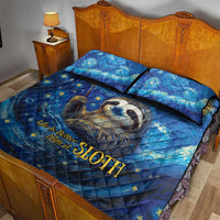 Sloth-themed blue quilt bed set with sloth portrait, starry sky and black trim