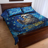 Sloth-themed blue quilt bed set with sloth face, stars and yellow lettering
