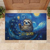 Blue rubber doormat with a sloth in a starry night galaxy scene and gold lettering