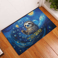 Blue rubber doormat with sloth illustration, star speckles, crescent moons, and gold slogan