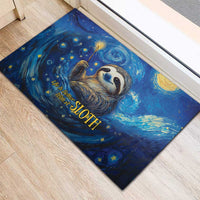 Blue rubber doormat at an angle featuring a sloth in a swirling starry night sky