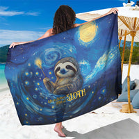 Blue starry night sloth sarong with close-up sloth face, crescent moon, and gold text