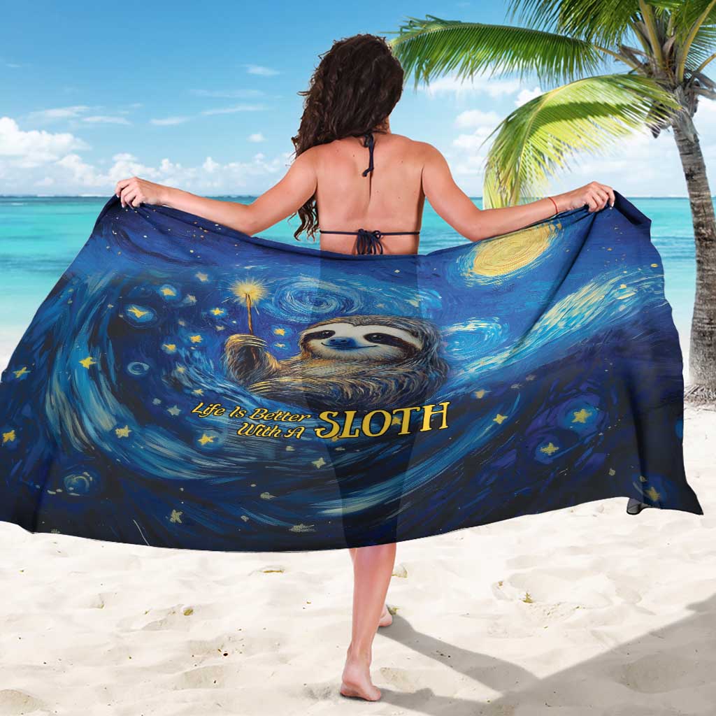 Starry night sloth print sarong in deep blue with moon, stars, and large sloth graphic