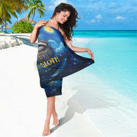Sloth-themed sarong in deep blue with starry sky print, worn tied at the waist