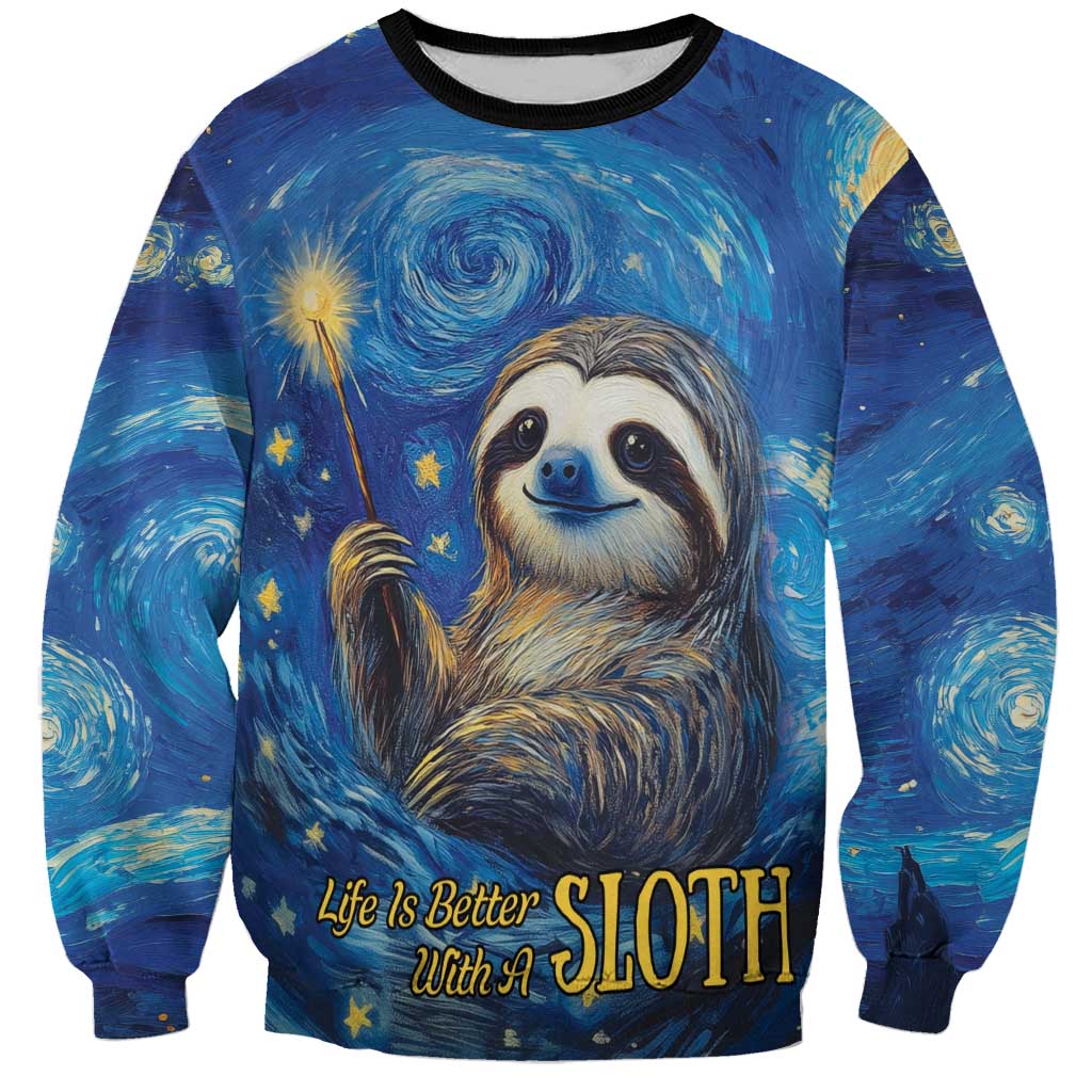 Unisex sweatshirt with sloth face, starry night print, 'Life Is Better With A Sloth'