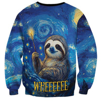 Unisex sweatshirt with sloth face, starry night print, 'WHEEEEEE' text